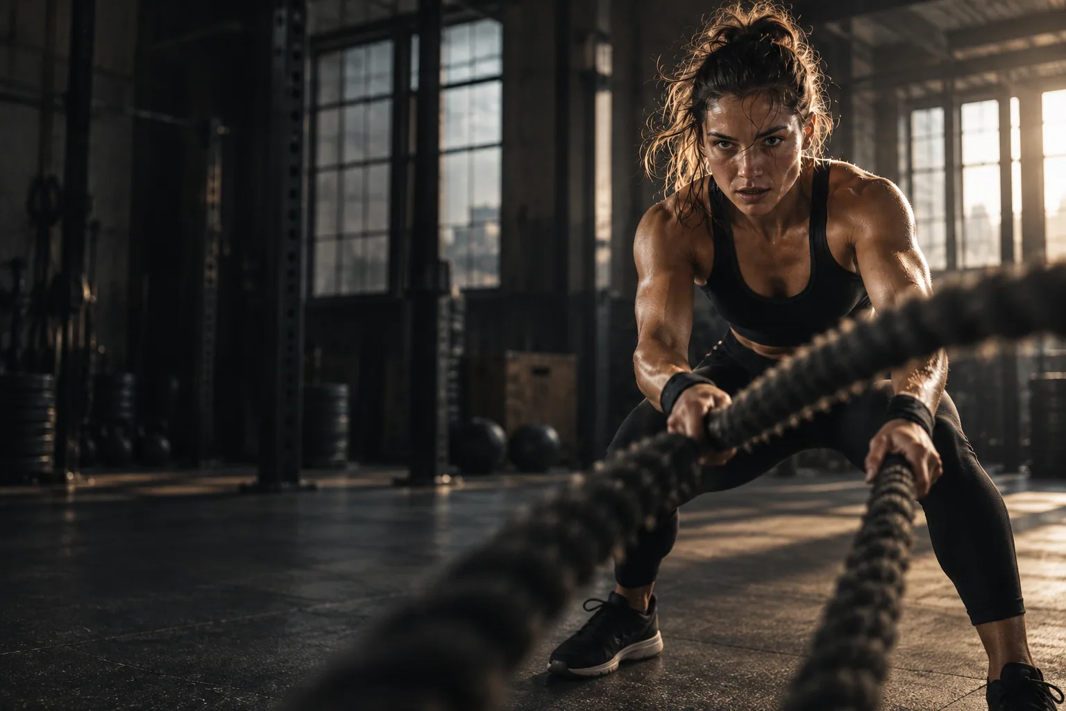 Athlete working battle ropes in an industrial-style gym; illustrative generated scene