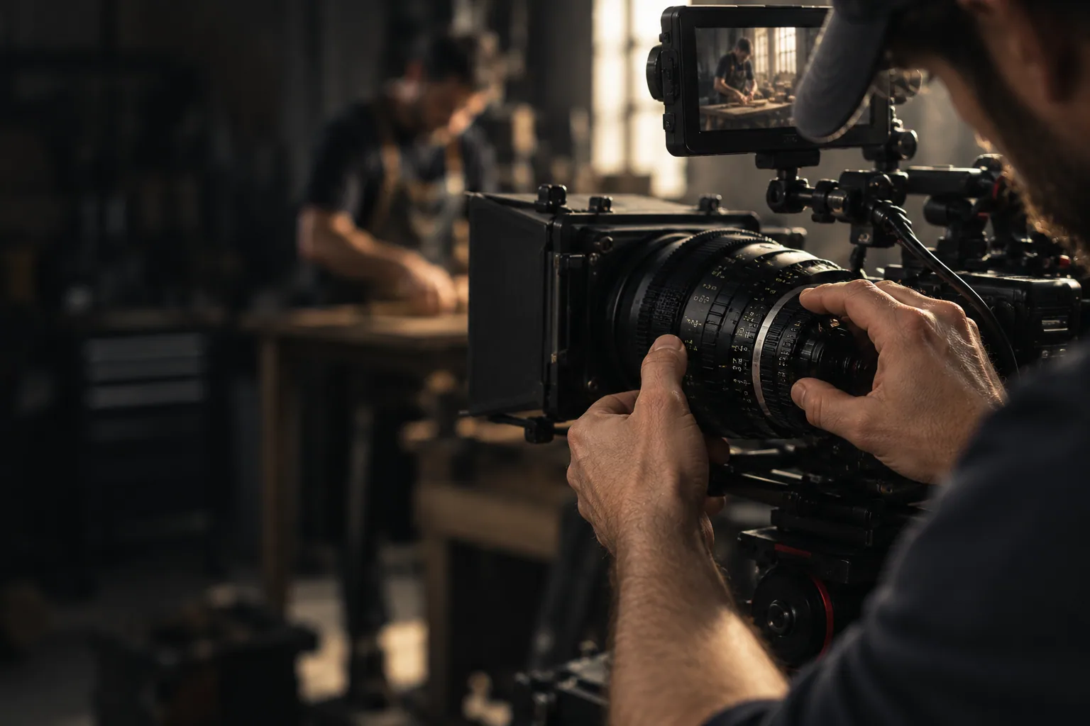 Camera operator capturing a service-business production; illustrative generated scene