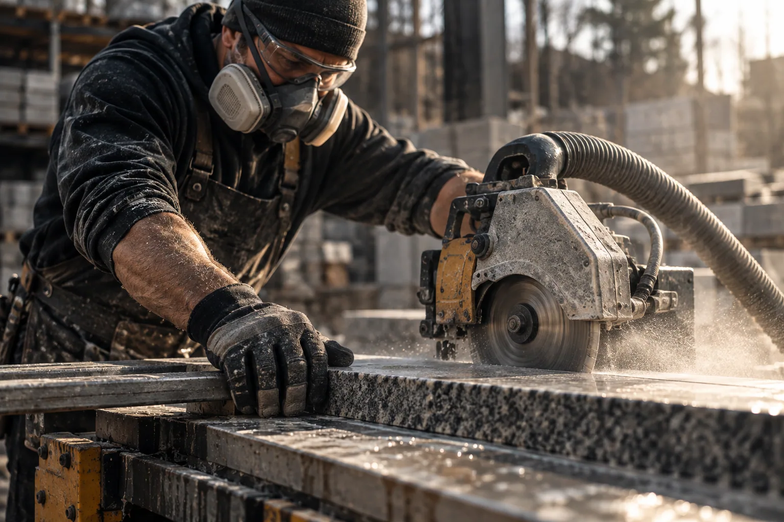 Construction professional cutting stone with protective equipment; illustrative generated scene