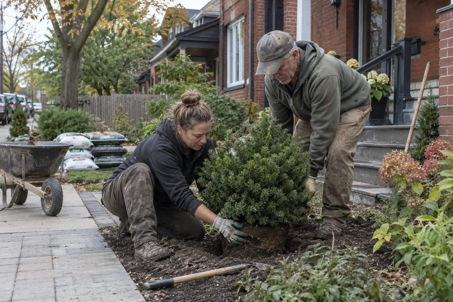 Temporary generated landscaping crew positioning a planting; not an OVERTAKE team or client